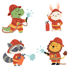 Set of flat vector illustrations in simple children's style on white background on fire theme. Cute raccoon, hare, crocodile and lion in firemen costume putting out fires. Vector illustration