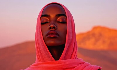 Captivating portrait of a model wearing a pink scarf against a desert sunset backdrop - Powered by Adobe