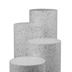 3d Render of 4 cylinder podiums in terrazzo color. transparent background.