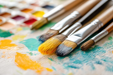 Obraz premium Paintbrushes rest on a vividly colored palette, surrounded by strokes of paint and a vibrant watercolor set