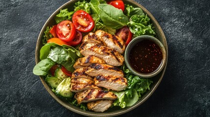 A beautifully styled fresh salad with leafy greens, grilled chicken, and balsamic dressing on a dark textured background