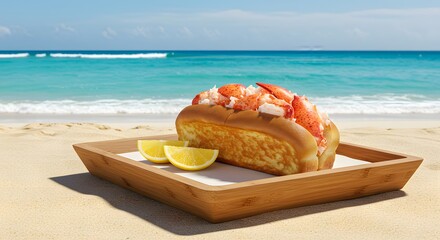 Lobster roll on wooden tray in sand