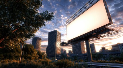Obraz premium Large empty outdoor digital billboard display tower in modern city skyline du sunset with tall buildings and cloudy sky