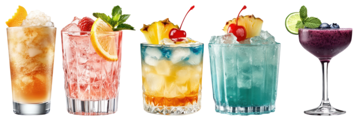 PNG Colorful refreshing cocktails with garnishes, element set on transparent background
