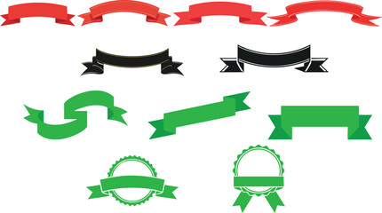 Vector Set of Colorful Banners, Ribbons, and Badges in Red, Green, and Black &ndash; Clean Flat Icons with Decorative Borders and Circular Emblems for Marketing and Design Projects

