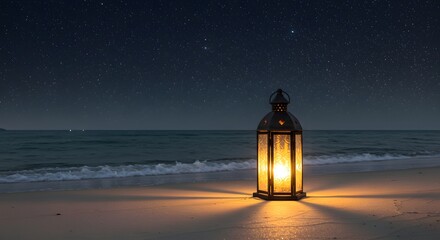 Glowing beach lantern on powdery sand