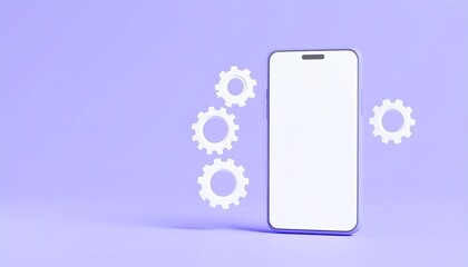 Smartphone with gears emerging from its display on a purple background illustrating technology and innovation concepts