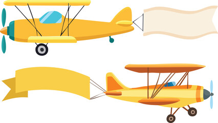 Vector Illustration of Two Vintage Cartoon Biplanes with Blank Banners in Warm Yellow and Orange Tones on a White Background – Playful and Cheerful Retro Design

