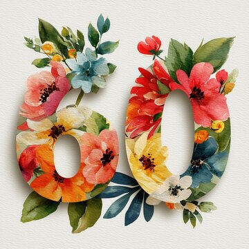 Watercolor Floral Number 60 for Birthday or Anniversary Celebration