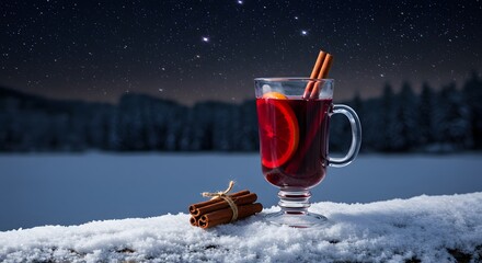 Frosty mulled wine on snowy log