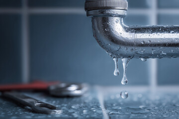 Close-up photo of a chromium stainless steel pipe leaking water under a bathroom sink, clear droplets forming and falling from a joint or crack, water pooling below, modern blue-tiled bathroom backgro