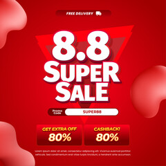 8.8 Super Shopping Sale discount deals Dynamic deep Red gradient Editable text effect Fluid pop Marketing Promotion Square banner