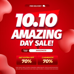 10.10 Amazing Shopping Sale discount deals Dynamic deep Red gradient Editable text effect Fluid pop Marketing Promotion Square banner
