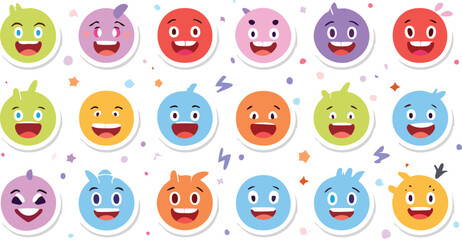 Vector Set of Round Emoji Characters with Bright Primary Colors, Unique Hair and Decorations, and Fun Facial Expressions in Flat Style
