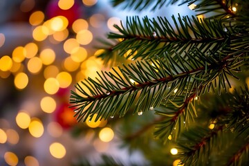 Close-up of Lush Green Pine Tree Branches with Festive Bokeh Lights