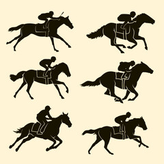 Silhouettes of six jockeys riding galloping horses in various racing poses, set against a beige background.