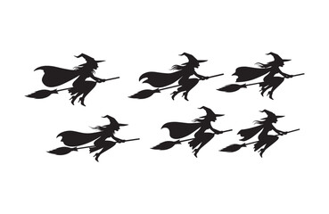 Obraz premium Spooky Halloween Witch Silhouettes Six Flying Witches on Broomsticks for Festive Decorations