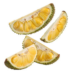 durian fruit, sliced open revealing yellow flesh, tropical fruit, high resolution, macro shot, detailed, photorealistic

