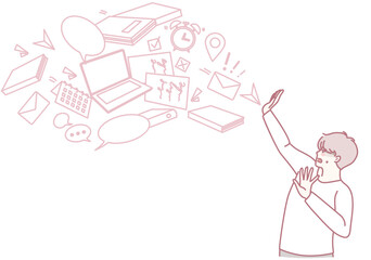 An illustration depicts a person actively engaging with various digital devices and modern communication tools