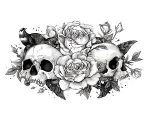 Detailed illustration featuring skulls surrounded by roses and leaves, creating striking contrast between life and death. design evokes sense of beauty intertwined with darkness, perfect