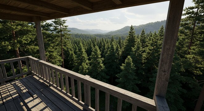 Wooden Balcony Overlooking a Lush Pine Forest - Powered by Adobe