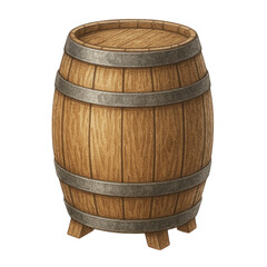 Obraz premium A wooden barrel with metal bands, standing upright on short supports.