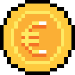 Pixel art coin with Euro symbol € on gold – 8-bit style retro currency icon for game design
