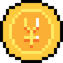 Pixel art coin with Japanese Yen symbol ¥ on golden background – retro 8-bit style currency icon