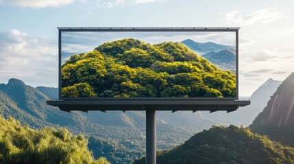 Fototapeta premium Large outdoor digital billboard displaying lush green mountain landscape with distant hills under cloudy sky du daytime