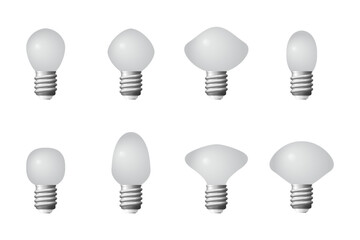 Set of eight different light bulbs showing various shapes and sizes for diverse lighting needs