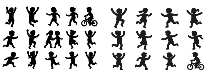 Silhouette of children playing, running, and biking at a park on a sunny day