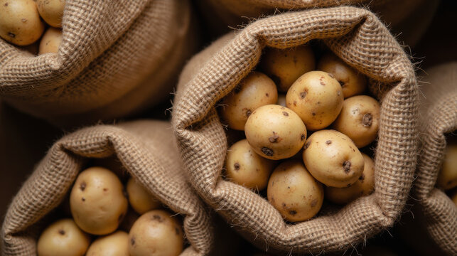 Fresh potatoes in burlap sacks create rustic and earthy feel, showcasing their natural texture and color - Powered by Adobe