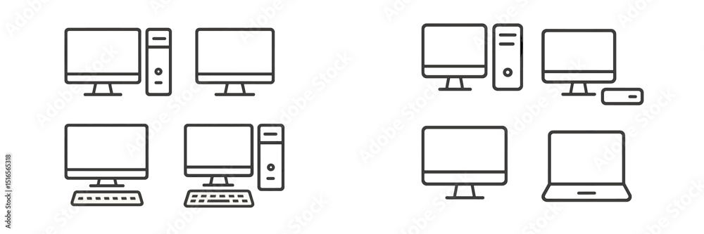 Poster various computer setups in a minimalistic style showcasing desktops and laptops arranged in differen