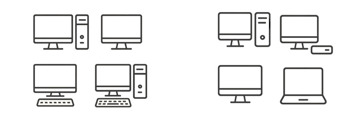 Various computer setups in a minimalistic style showcasing desktops and laptops arranged in different configurations