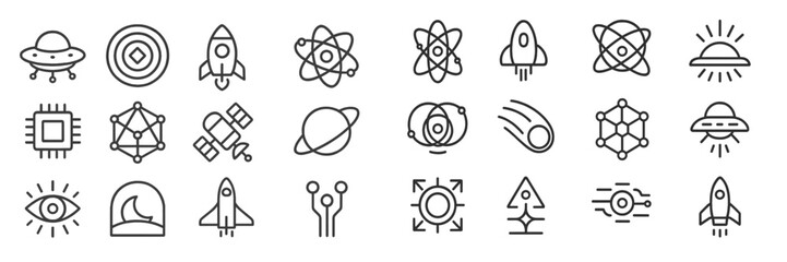 Creative collection of futuristic icons representing space, technology, and science, showcasing various themes and designs
