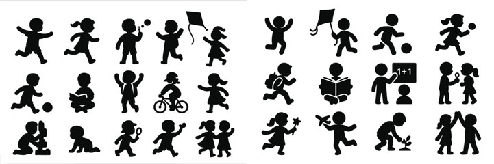 Silhouette illustrations of children engaging in various activities outdoors and indoors throughout the day