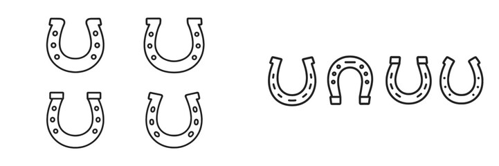 Collection of various horseshoes in different orientations and designs, showcasing a classic good luck symbol and equestrian theme