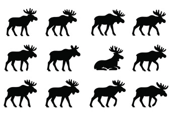 Various silhouettes of moose in walking and resting positions against a white background