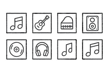 Collection of musical icons representing various instruments and audio equipment in a creative layout