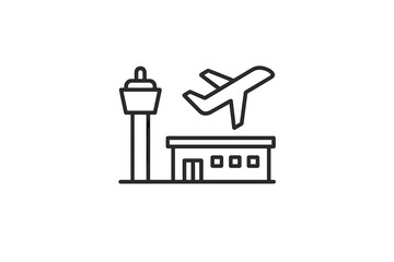 Airplane taking off near a control tower and terminal at an airport during clear weather