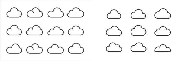 Collection of cloud illustrations in a minimalist design showcasing various cloud shapes and arrangements across different lines