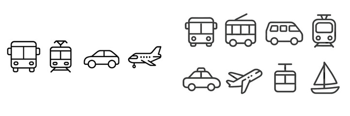 Variety of transportation modes illustrated in simple line art style showcasing land, air, and water vehicles