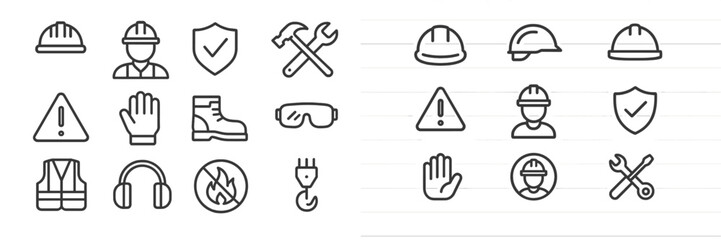 Safety icons representing tools, equipment, and workers in an industrial setting surrounded by safety precautions