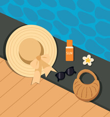 Summer vacation. Vector illustration of hat, glasses, sunscreen, bag on the terrace by the pool. Ideal scene of accessories for rest, relaxation. For tourism projects and travel blogs