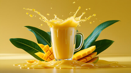 glass of orange juice with a flower and mango
