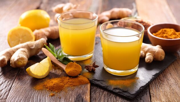 fresh ginger lemon wellness shots with turmeric and spices for boosting immunity and energy