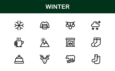 Winter Wonders Icons. Elegant Line Art for Cold Weather Concepts, Snowflakes, Activities, and Holiday Graphics. Enhance your visuals.