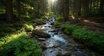 Sunlit Stream Through Lush Coniferous Forest
