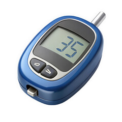 An individual blood glucose meter displayed prominently with a digital readout of 35, showcasing a sleek blue design and modern technology.