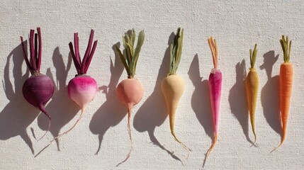 arrangement of pastel-painted root vegetables (beets, radishes, carrots) on cream canvas, minimal and artistic, clean shadows 